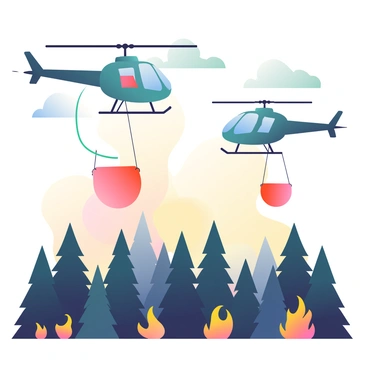 Two helicopters are flying over a forest engulfed in flames. Each helicopter is equipped with a large, bright red water bucket suspended beneath it. The helicopters are mid-flight, with one on the left and the other on the right, both creating a slight downward draft. The forest below is a mix of tall pine trees and dense brush, with flames and smoke billowing upward in shades of orange, yellow, and black. The sky above is partly cloudy, with hints of blue peeking through the smoke.