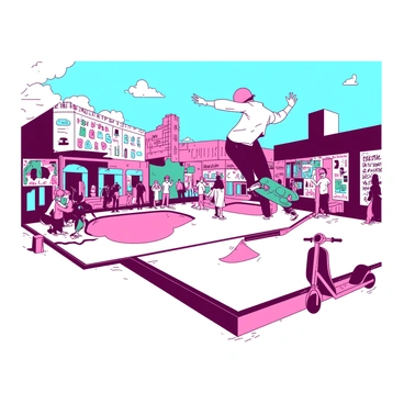 Teenagers performing tricks at a vibrant urban skatepark, illustrated in comic form