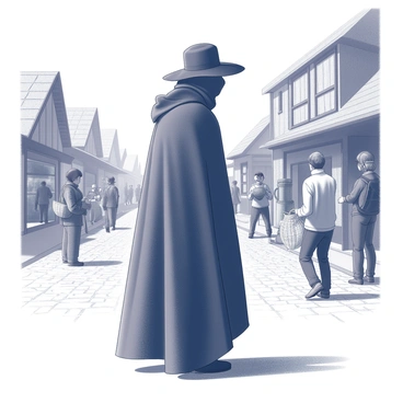 A figure cloaked in a long, dark cloak, with the hood pulled up to obscure the face. The figure is wearing a wide-brimmed hat that also casts a shadow, adding to the sense of mystery. Surrounding the figure are various humans engaged in their daily activities, unaware of the presence of the mysterious traveler. The scene is set in a bustling village, with buildings made of timber and stone, and people carrying baskets or chatting. The ground is cobbled, adding texture to the environment. The atmosphere is lively, contrasting with the figure’s solitary appearance.