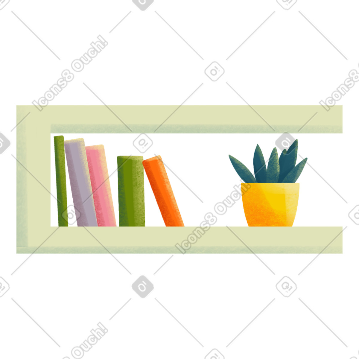 Shelf with books and plant illustration in Shine style download in PNG, SVG