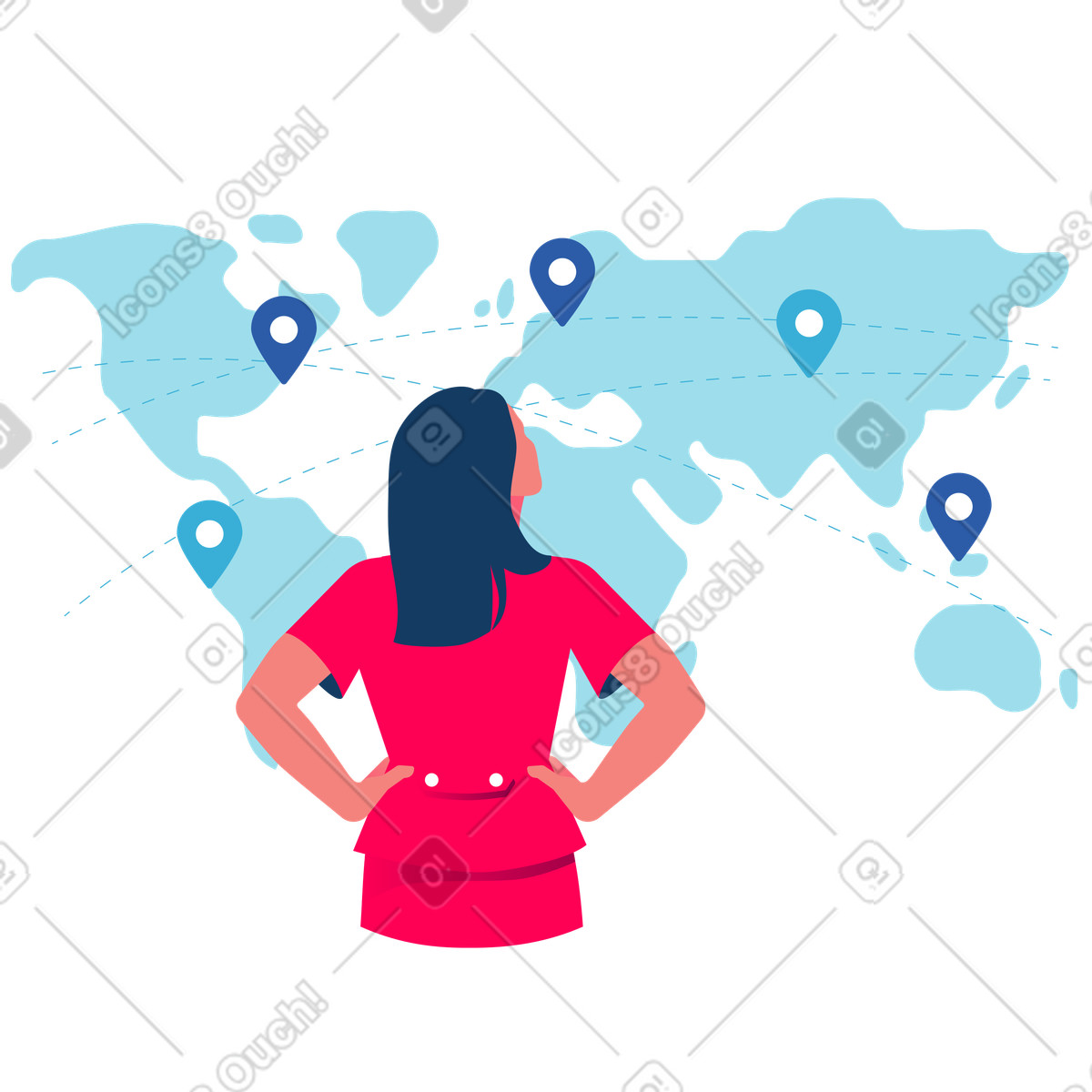 Studying global map with pins, Travel route planning and adventure ideas illustration in Daily style download in PNG, SVG