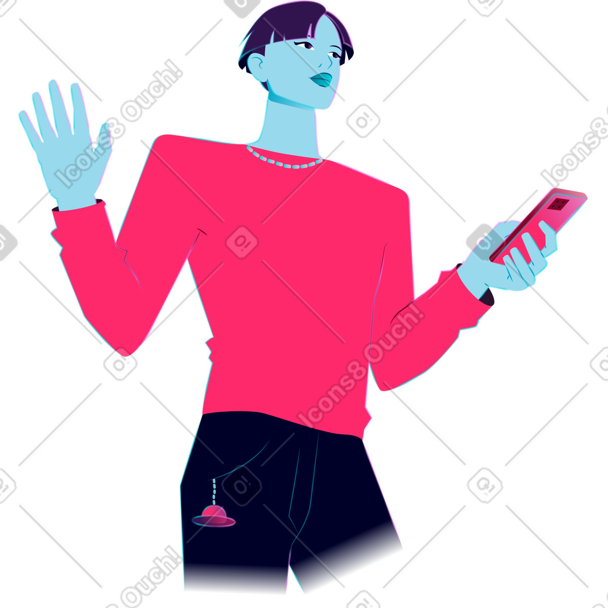 Ilustración Joven sosteniendo un teléfono en estilo Neon a descargar en PNG y SVG