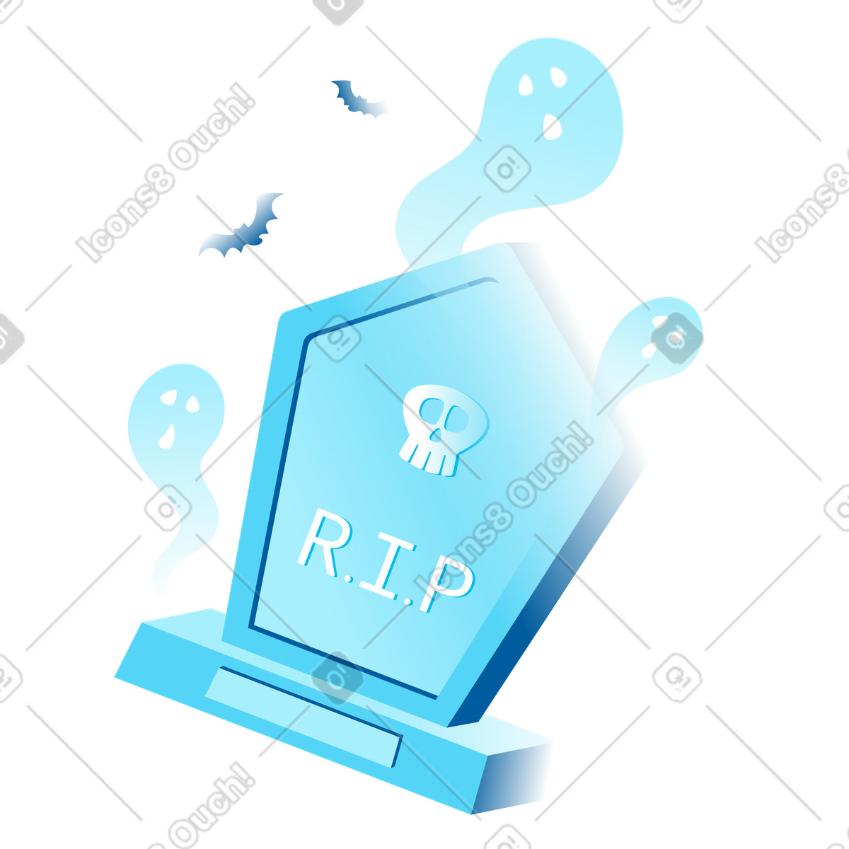 Graveyard: tombstone with skull and rip, ghosts, bats illustration in Icy style download in PNG, SVG