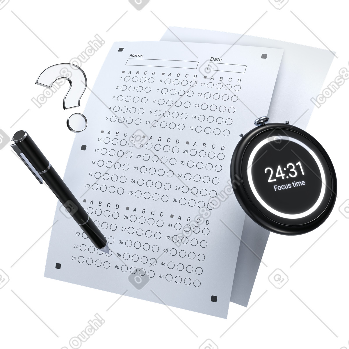 Multiple choice exam sheet with timer, academic evaluation and time pressure illustration in 3D Pro style download in PNG, SVG
