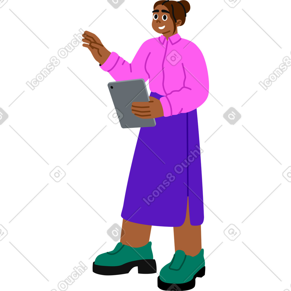 Ilustración Mujer de pie con una tableta en la mano estilo Active a descargar PNG y SVG