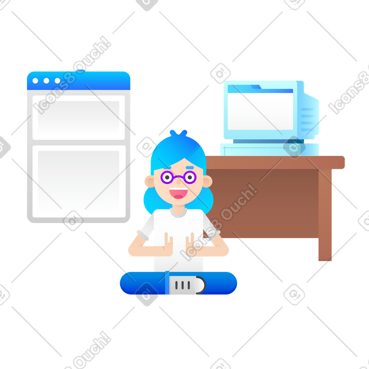 Female employee sitting on the floor in the office illustration in Hugo style download in PNG, SVG