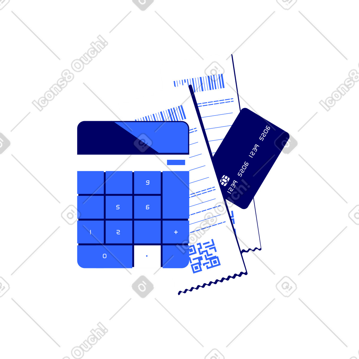 Ilustração de Calculadora design moderno, dois cheques cobrança e cartão plástico bancário em no estilo Lounge para baixar em PNG, SVG