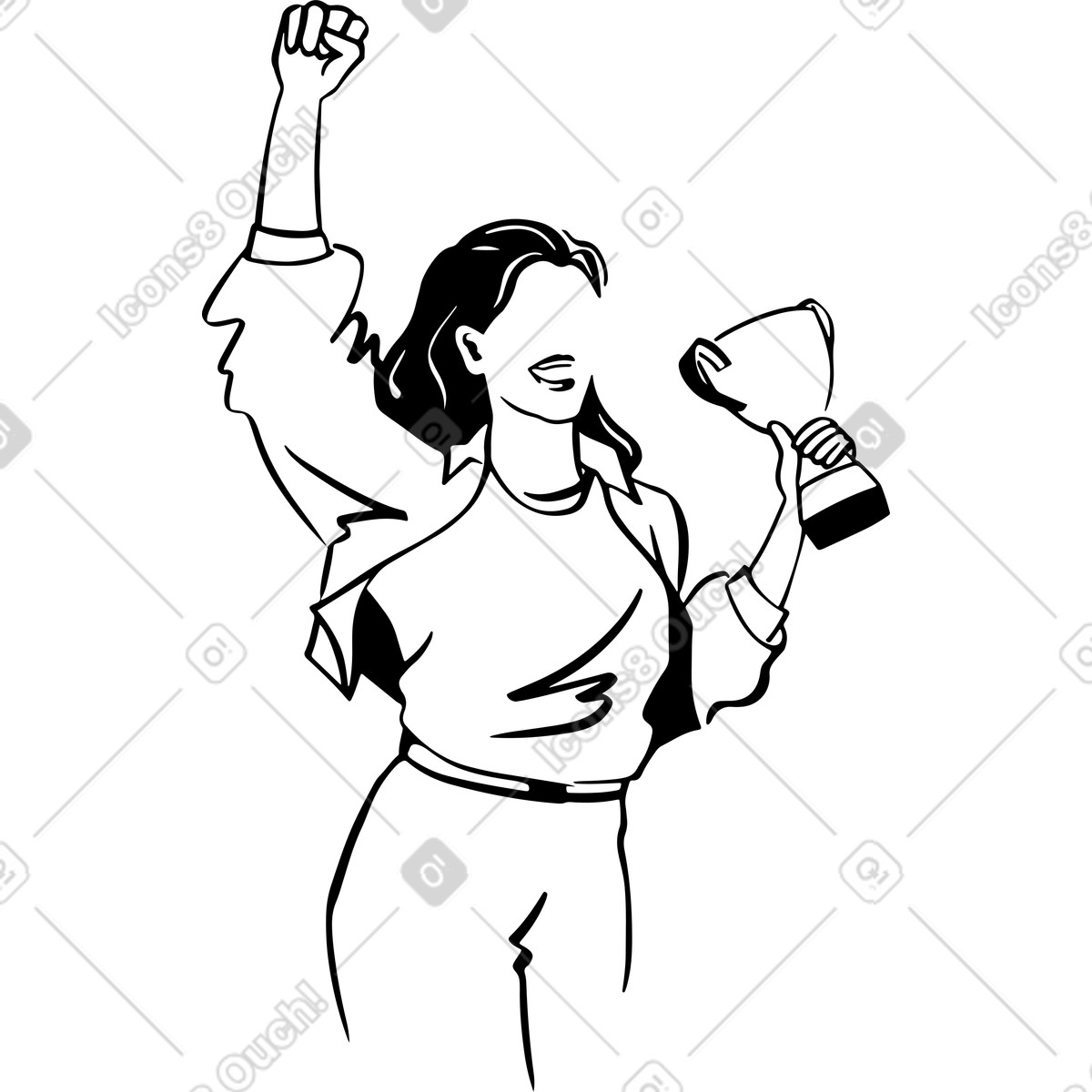 Woman rejoicing with a winner's cup in her hands illustration Line style download PNG, SVG