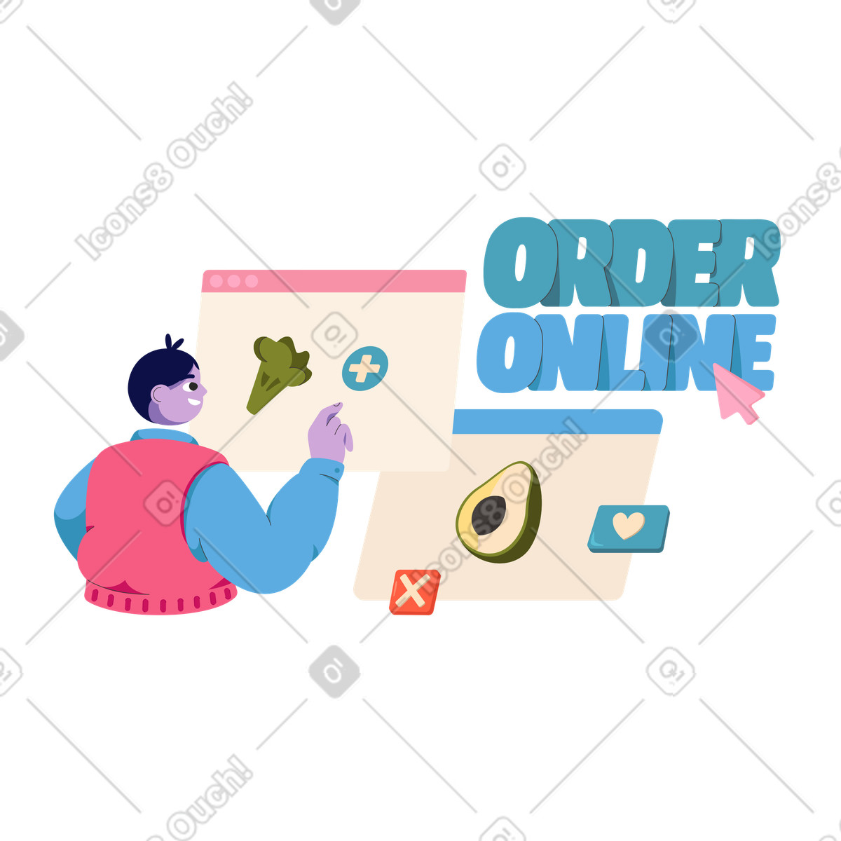 Ilustración Hombre eligiendo y pidiendo comida online en estilo Dizzy a descargar en PNG SVG