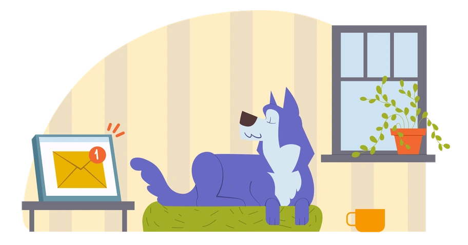 A dog relaxing on a bed by a window - Woof style illustration