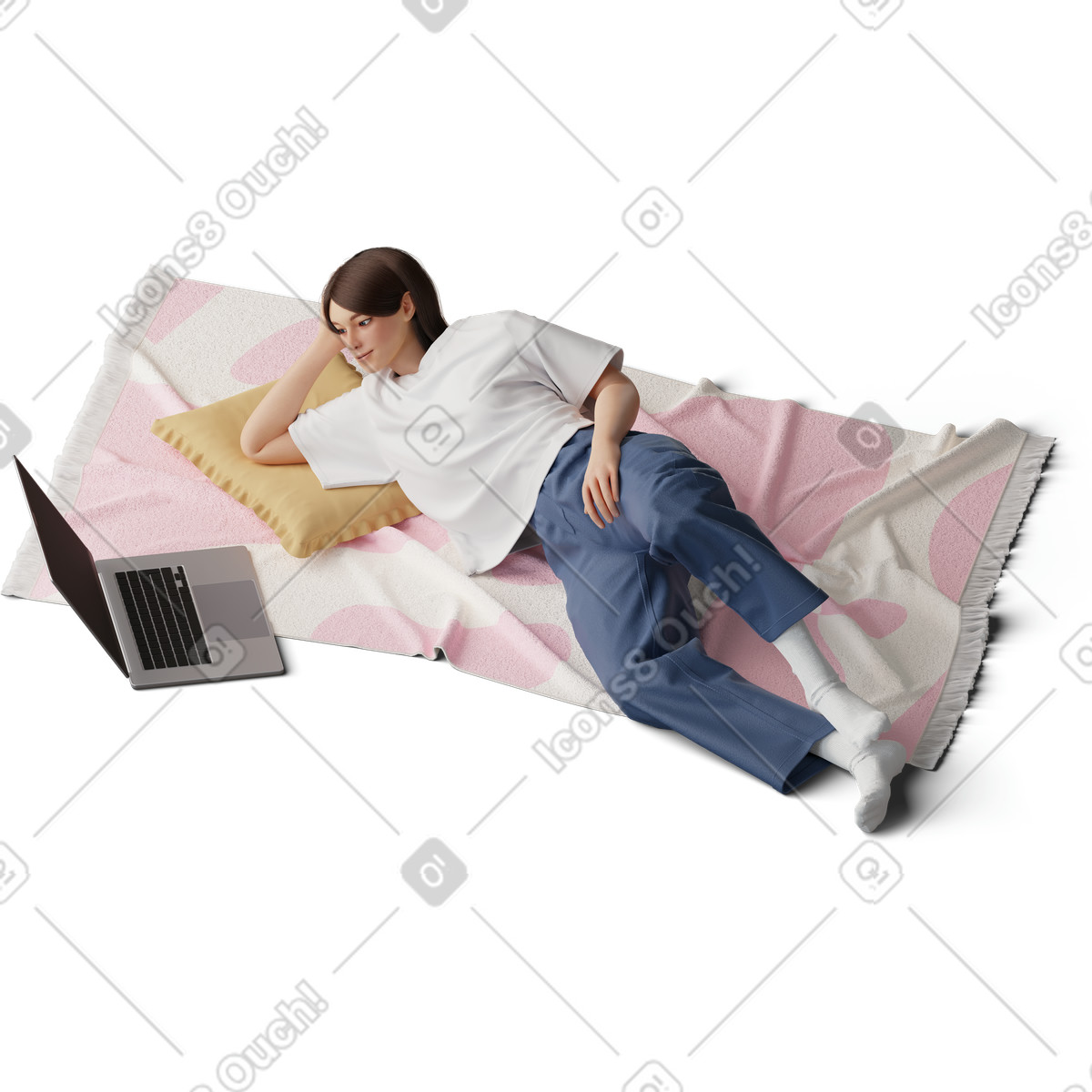 Young woman lying on the carpet watching laptop illustration in 3D Hygge style download in PNG, SVG
