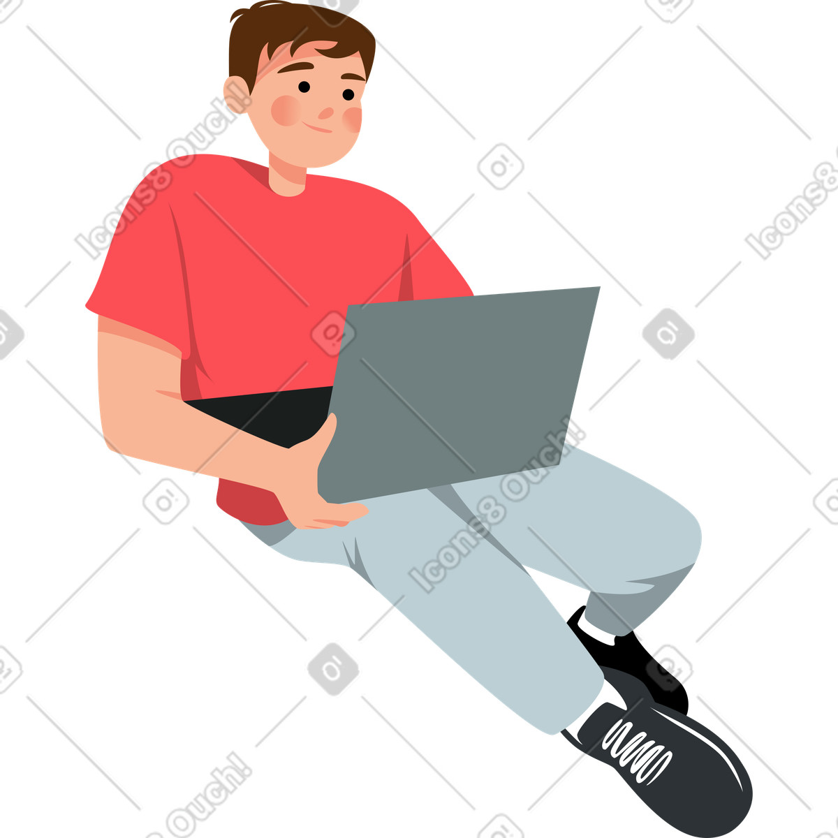 Guy sitting with a laptop illustration in Lagom style download in PNG, SVG