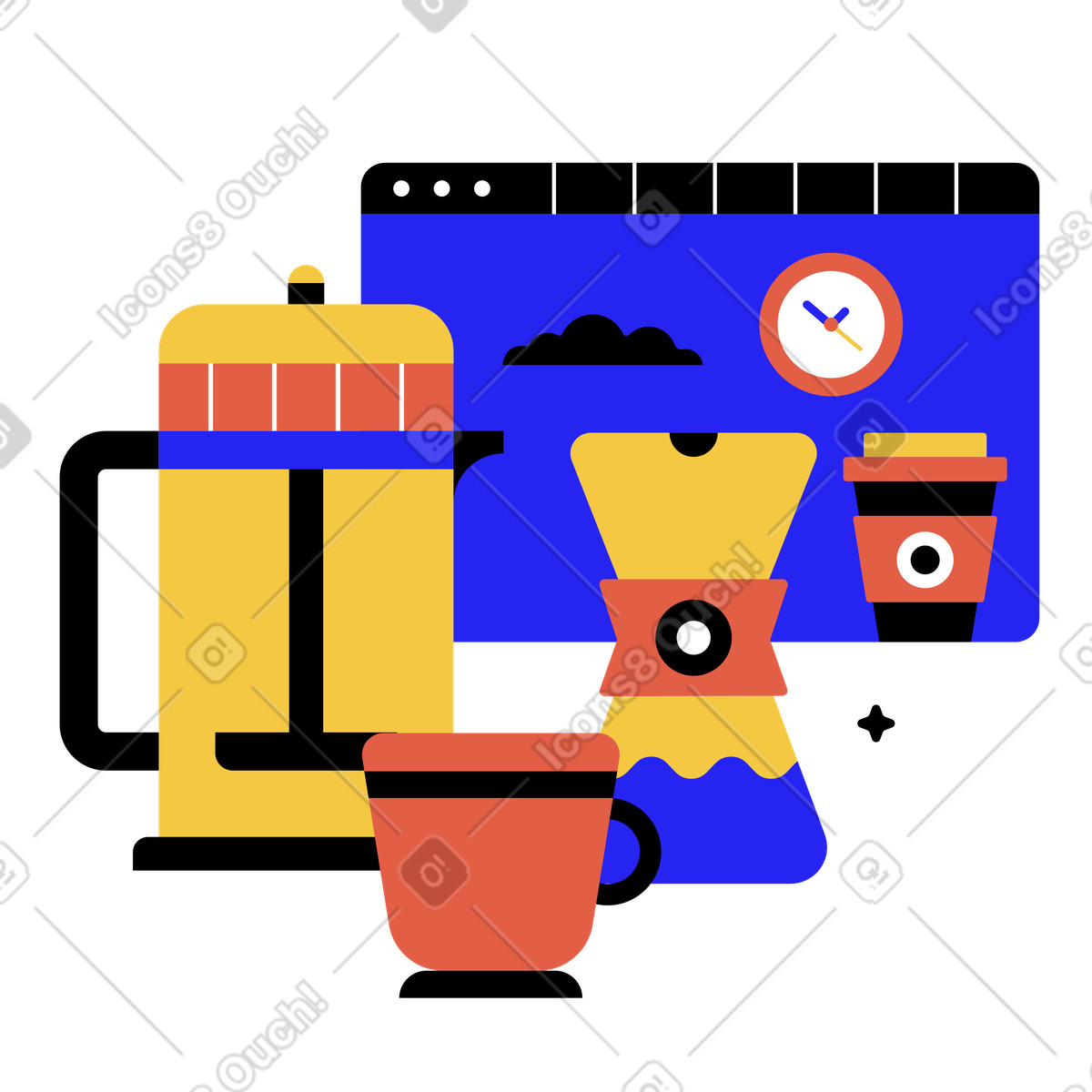 Coffee equipment and wall clock, break for freelancers illustration in Flat style download in PNG, SVG
