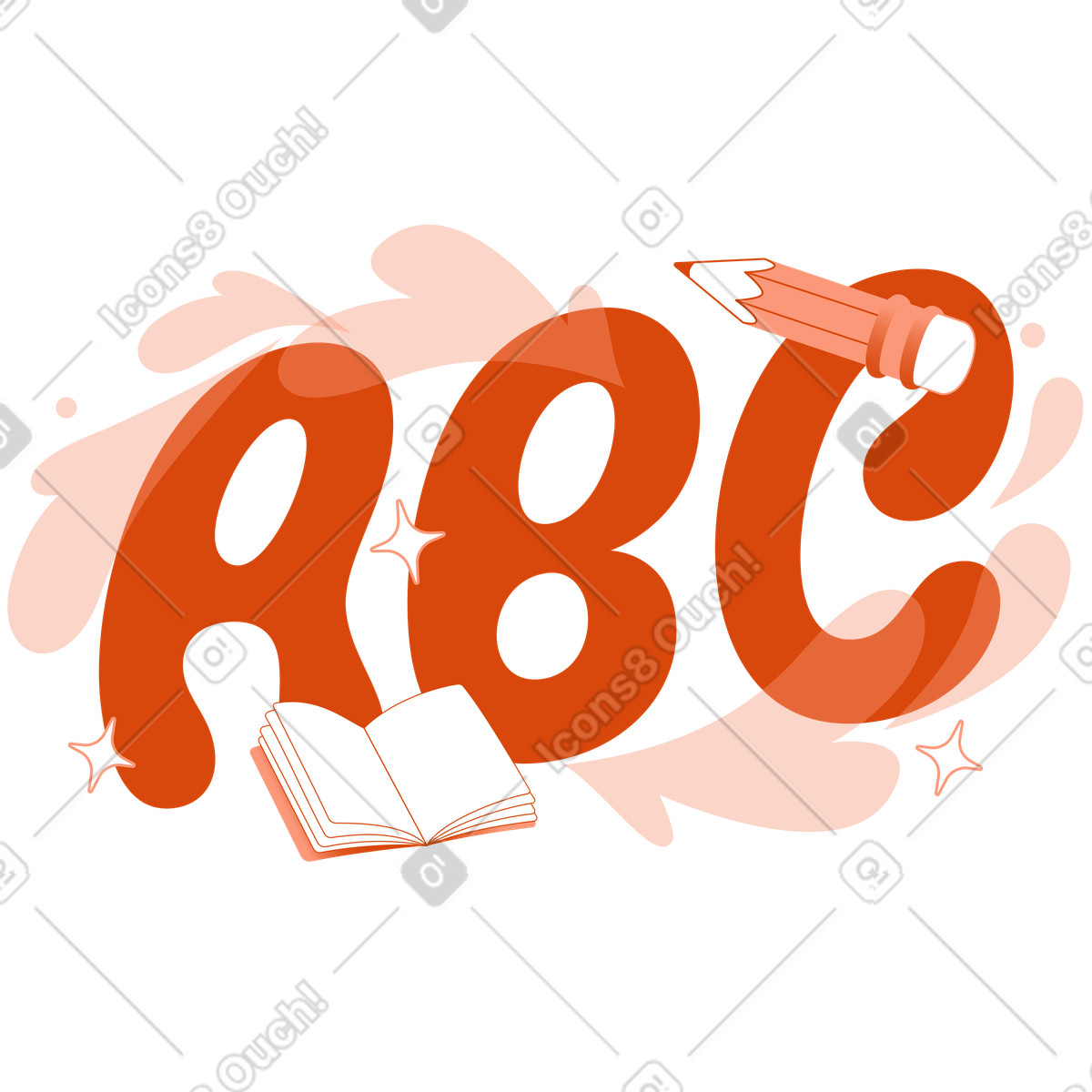 ABC letters with book and pencil, Reading skills in primary education illustration in Orange style download in PNG, SVG