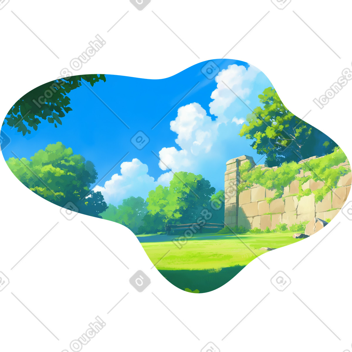 Sommerlandschaft mit parkmauerhintergrund-Illustration im Scenes-Stil als Download in PNG, SVG