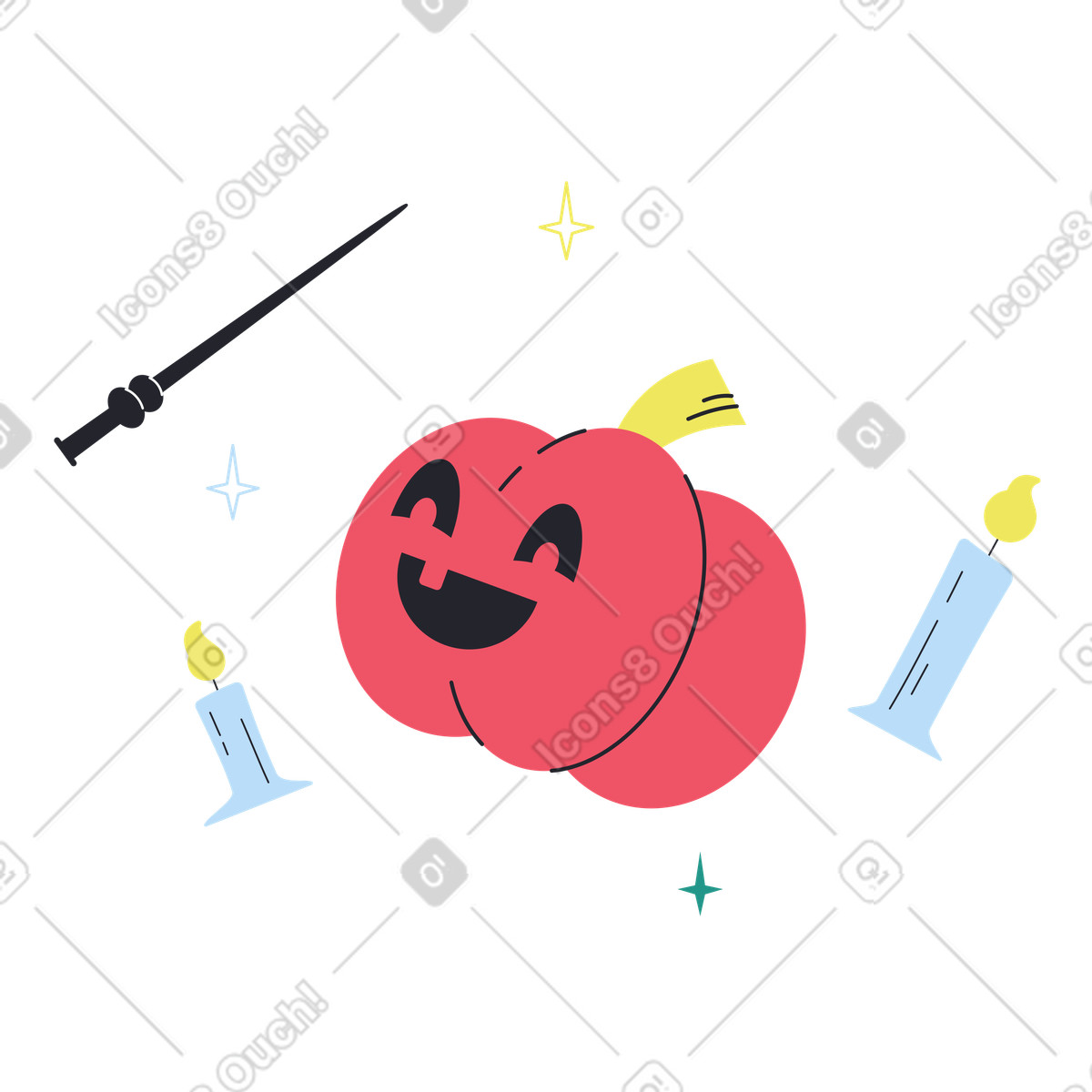 Boba 스타일의 Smiling jack o'lantern with magic wand and candles, Halloween or spellcasting 일러스트레이션 PNG, SVG 다운로드