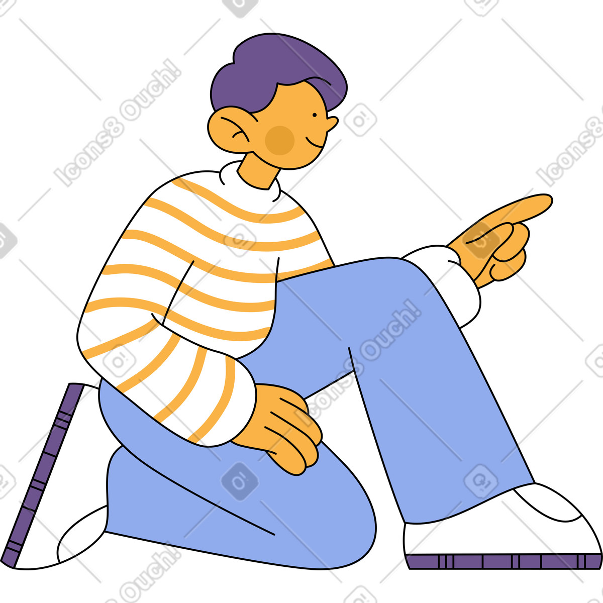 Man in striped sweatshirt sitting and pointing with his finger animierte Illustration im Bloom-Stil als Download GIF, Lottie (JSON), AE