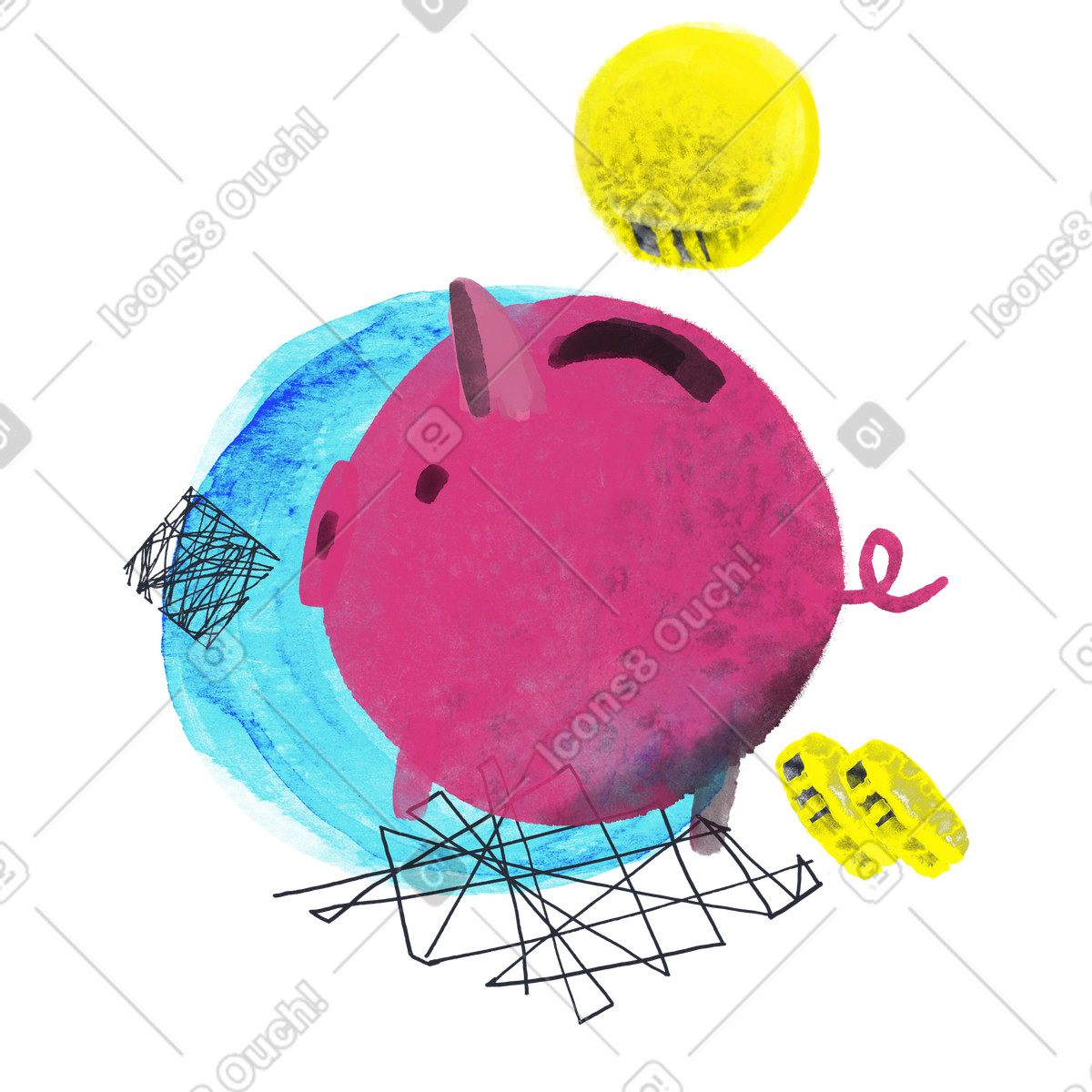 Ilustração de Cofrinho rosa com moedas e elementos abstratos em no estilo Inky para baixar em PNG, SVG