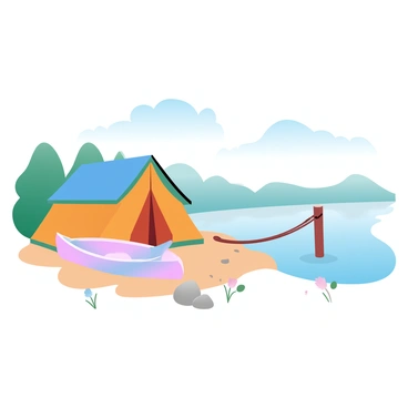 A tent with a bright, colorful exterior is set up on the shore of a calm lake, surrounded by lush greenery. The tent has a double-layered design with a prominent entrance. Beside the tent, a canoe is tied up securely to a wooden post, resting on the sandy bank. The canoe has a sleek shape and is painted in vibrant colors. The lake reflects the soft hues of the sky, creating a serene atmosphere, while a few small rocks and wildflowers are scattered along the shoreline.