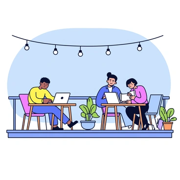 A balcony area of a coworking space featuring several freelancers engaged in their work. There are two wooden tables with laptops open, surrounded by comfortable chairs. One freelancer is typing on a laptop, while another is sketching on a notepad. There are potted plants along the railing, adding a touch of greenery. The sky is clear and blue, providing a bright atmosphere for the workspace. A few hanging string lights are draped above to create an inviting ambiance.