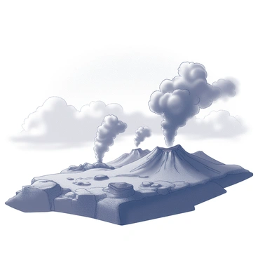 The horizon showcases a dramatic landscape filled with dark smoke. Several volcanic vents are visible across the scene, each emitting thick, swirling plumes of smoke. The sky appears dynamic, with layers of smoke blending and interacting, creating an impression of movement. The terrain below is rugged, with patches of hardened lava and rocky outcrops. The overall atmosphere conveys a sense of power and raw natural forces at work.