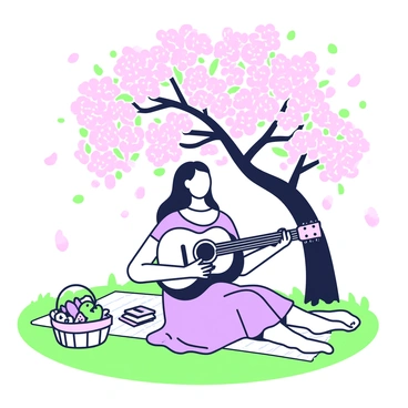 Sarah is sitting on a picnic blanket under a blossoming cherry tree. She has long, flowing hair and is wearing a light summer dress. In her lap, she holds an acoustic guitar and strums its strings gently. The cherry tree is full of pink flowers, with some petals drifting down around her. Sunlight filters through the branches, creating patterns of light on the grass. Nearby, a small basket rests on the blanket, filled with fruit and a book.
