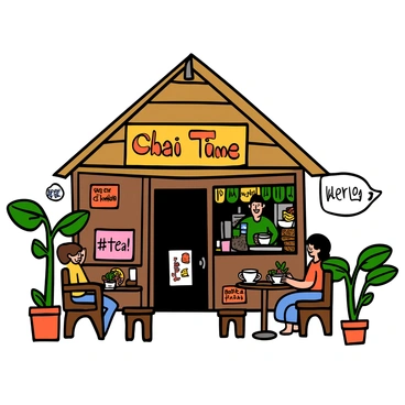 A charming Kerala tea shop with a thatched roof and vibrant, colorful signage. The shop has wooden walls and an inviting entrance, with a small outdoor seating area featuring rustic wooden tables and stools. Several decorative pots with tropical plants add greenery around the shop. A large sign above the entrance reads "Chai Time," and there are additional smaller signs displaying various tea flavors. The scene is lively, with a few customers sitting at the tables enjoying their tea and snacks, while a vendor is seen preparing tea behind the counter.