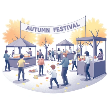 A vibrant autumn festival scene unfolds in a lively park setting. Several people of various ages are engaging in games, with children laughing as they compete in a ring toss and adults watching nearby. Food stands are scattered throughout, featuring colorful signs advertising caramel apples, popcorn, and hot cider. Patrons are lined up at the stands, holding paper cups and bags filled with treats. Trees in the background are shedding their colorful leaves, creating a carpet of yellow and orange on the ground. A large banner overhead reads "Autumn Festival" in bold lettering.