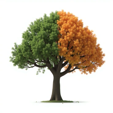 A large tree with a sturdy trunk and extensive branches, showcasing the transition through the four seasons. In spring, the tree is adorned with vibrant green leaves and delicate pink blossoms. As summer approaches, the leaves become denser and darker green, providing a lush canopy. In autumn, the foliage transforms into shades of orange, red, and yellow, with some leaves gently falling to the ground. Finally, in winter, the tree stands bare, with a textured bark and a few remaining brown leaves, creating a striking contrast against a snowy background. Each section of the tree clearly represents the distinct characteristics of each season.