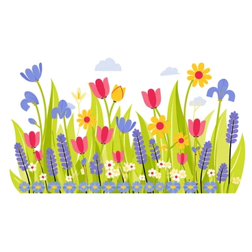 A vibrant garden filled with flowers of various colors in full bloom. The garden features blue daisies, red tulips, yellow sunflowers, and purple irises, all arranged harmoniously. The flowers are densely packed, creating a lush, colorful carpet of petals across the ground. Tall green stems support the blossoms, while bright green leaves provide a rich backdrop. A clear blue sky can be seen overhead, enhancing the vividness of the flowers.