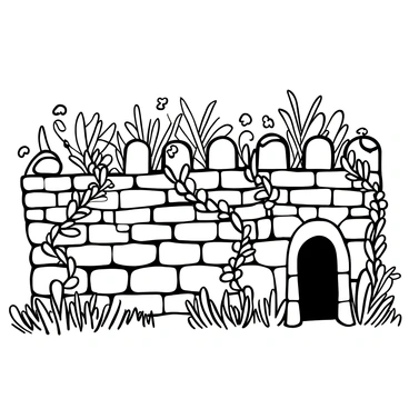 A crumbling stone wall with visible cracks and missing stones sprawls across the foreground. Thick ivy vines climb and weave through the crevices of the wall, their leaves intertwining with the stone. The texture of the rough, aged surface of the stones is highlighted, showcasing the wear from years of exposure to the elements. Several small patches of moss are seen nestled among the stones, further emphasizing the theme of nature reclaiming the structure. The background is filled with an assortment of wild plants, adding to the sense of an abandoned and forgotten space.