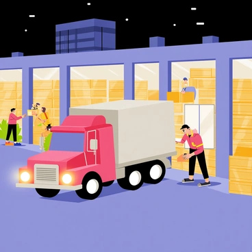 A large truck with bright loading lights turned on is backing up to a loading dock. The truck is painted in vibrant red with a silver trailer. The background shows a busy warehouse filled with stacked wooden pallets and boxes, illuminated by overhead lights. Various workers in safety vests are moving around, some are loading goods onto the truck, while others are checking inventory. The night sky outside is dark, contrasting with the warm glow of the warehouse lights.