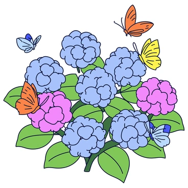 A cluster of hydrangea flowers with vibrant blue and pink petals, surrounded by green foliage in a well-kept garden. Several colorful butterflies, including orange, yellow, and blue ones, are perched on the flowers and fluttering around the garden. The sunlight filters through the leaves, creating a warm atmosphere.