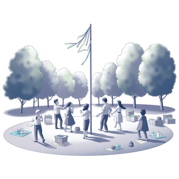 A park filled with greenery and sunlight. In the center, a tall maypole is adorned with colorful ribbons. Surrounding the maypole, a diverse group of people of all ages are joyfully dancing. Some individuals are holding onto the ribbons, while others are clapping and laughing. Children are running around, enjoying the festive atmosphere. Several picnic blankets are spread out on the grass, with baskets of food and drinks. Trees line the edges of the park, providing shade to onlookers. The scene captures the spirit of community and celebration.