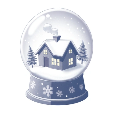 A snow globe resting on a wooden surface. Inside the globe, there is a miniature winter wonderland scene, featuring a small cabin with smoke gently rising from its chimney. Surrounding the cabin, there are evergreen trees dusted with snow. The ground is covered in a blanket of white snow, and delicate snowflakes are swirling around inside the globe, creating a dynamic and enchanting effect. The base of the snow globe is intricately designed with winter-themed carvings, adding to the overall charm of the scene.