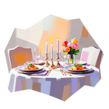 A romantic dinner setting featuring a beautifully arranged table for two. The table is elegantly set with fine china and crystal glassware, enhancing the intimate atmosphere. Soft candlelight flickers from several candles placed in ornate holders, casting a warm glow across the scene. On the table, there are plates adorned with gourmet fennel-infused dishes, artfully presented with vibrant garnishes. Fresh flowers in a small vase add a touch of color, while a delicate tablecloth completes the inviting and romantic ambiance.