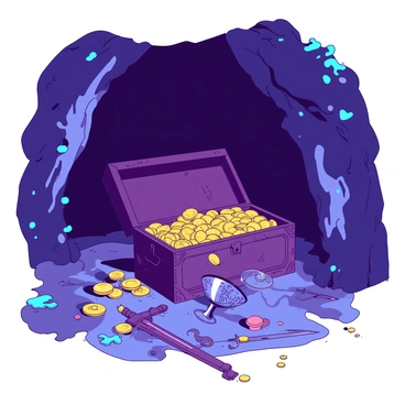 A deep cave with rocky walls and a slightly damp floor. In the center of the cave, there is a large, ornate treasure chest that is slightly open, overflowing with shiny gold coins and various mysterious artifacts. The gold coins glimmer with a bright sheen, reflecting light from the faint glow of luminescent moss growing on the cave walls. Surrounding the chest, there are ancient relics such as a tarnished silver goblet, intricately designed swords, and colorful gemstones scattered around. Shadows dance on the walls of the cave, creating a sense of intrigue and wonder.