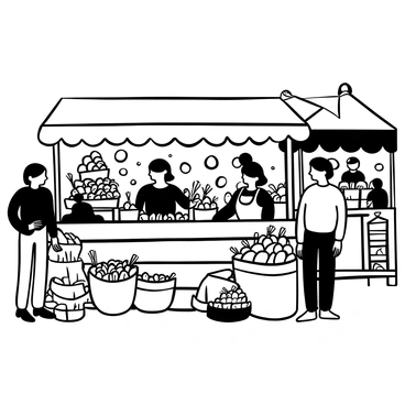 A market stall with two merchants standing behind a wooden counter filled with an abundance of almonds in various containers. There are burlap sacks overflowing with almonds, stacked on one side of the stall. Customers are browsing the stall, examining the almonds and chatting with the merchants. In the background, there are other market stalls decorated with hanging banners and various goods displayed. The atmosphere is lively with people engaged in trading and conversation.