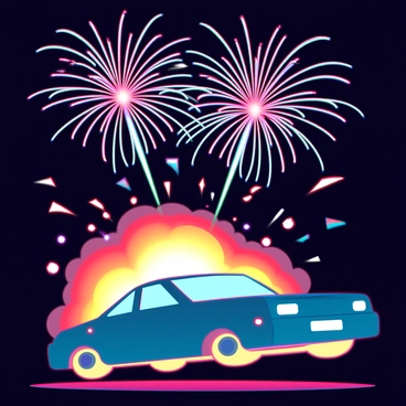 A car explosion contrasting with a colorful fireworks display in the night sky