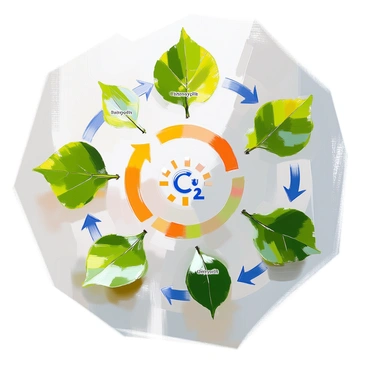 A circular diagram illustrating the photosynthesis cycle prominently features several "chlorophyll-rich leaves" arranged around the circumference. The leaves display vibrant green hues, showcasing their rich chlorophyll content. Arrows are drawn in a circular motion, connecting various stages of the cycle, indicating the flow of the process. In the center of the diagram, there are elements representing sunlight and carbon dioxide, emphasizing their importance in photosynthesis. The overall design is clear and educational, with each component labeled to enhance understanding of the cycle.