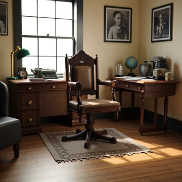 An antique office chair made of dark wood with intricately carved details and a worn leather seat. The chair is positioned in a cozy room filled with vintage office equipment. A wooden desk with brass fittings and a green glass lamp sits nearby. An old typewriter, scattered papers, and a vintage globe are arranged on the desk. The walls are adorned with framed black-and-white photographs and a warm light filters in through a window, casting soft shadows on the wooden floor.