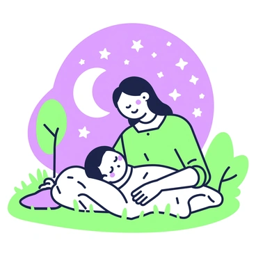 A parent is gently singing a lullaby while sitting beside a sleeping child. The parent has a soft expression and is wearing comfortable clothing. The child, nestled in a cozy blanket, has a peaceful face, eyes closed in slumber. Above them, a starry sky is visible, filled with numerous twinkling stars. The scene is calm and intimate, with a slight breeze rustling nearby grass. A few trees are in the background, silhouetted against the night sky.