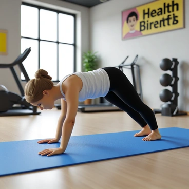 A young woman doing yoga in a gym with a 'Health Benefits' poster nearby