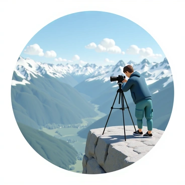 A photographer, wearing a dark blue jacket and cargo pants, is setting up a black tripod on the edge of a rocky cliff. The photographer has short brown hair and is focused on adjusting the camera mounted on the tripod. Below, a vast mountain range stretches into the distance, with peaks covered in patches of white snow and lush green valleys. The sky is clear with a few fluffy white clouds scattered across the blue expanse, and the sunlight casts shadows on the rocky surface of the cliff.
