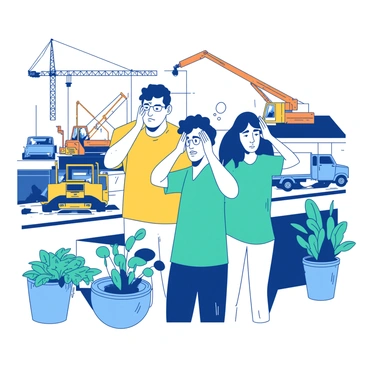 A group of three residents, two wearing yellow shirts and one in a teal shirt, are standing on a balcony. They are all covering their ears with their hands due to the noise from nearby construction. The background shows a construction crew operating large machinery, with a bright orange crane and a couple of blue trucks parked nearby. The residents appear to be in a state of discomfort, with one person leaning against the balcony railing while the others have expressions of frustration. Various plants in pots decorate the balcony, adding some greenery to the scene.