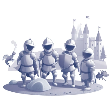 A medieval scene depicts a group of cartoon knights in armor, standing confidently. Each knight wears a distinct helmet and carries a sword or shield, showcasing various designs and embellishments. Nearby, cartoon dragons are playfully flying around; one dragon breathes a small puff of smoke while another is perched on a rock, looking curiously at the knights. The background includes a stone castle with tall towers and flags, surrounded by trees and rolling hills. The ground is textured, with patches of grass and scattered pebbles, enhancing the vibrant, animated feel of the scene.