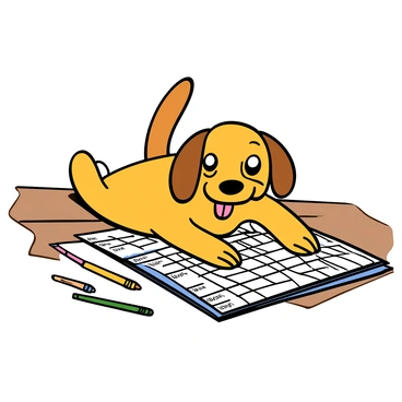 A playful golden retriever dog with a shiny coat is lying on the floor, pawing at a large crossword puzzle spread open in front of it. The dog has a joyful expression, with its tongue out and big, bright eyes showing curiosity. The crossword puzzle features filled-in squares in black and white, with a few scattered colorful pencil crayons nearby. The floor is made of light wood, adding warmth to the scene.