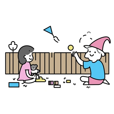 A small nisse with a red hat and white beard is sitting on the grass in a backyard. The nisse is engaged in a game with two children, a boy and a girl. The boy, wearing a blue t-shirt and red shorts, is smiling while tossing a colorful ball to the nisse. The girl, in a pink dress, is sitting cross-legged on the ground, holding a teddy bear. Surrounding them are various toys, including a blue kite, a yellow toy car, and a few scattered building blocks. The backyard is framed by a wooden fence and a few trees in the background.