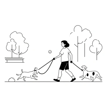 A person walking a dog in a park during a lunch break. The individual is casually dressed, wearing a t-shirt and shorts, with a relaxed posture as they hold a leash in one hand. The dog is a medium-sized breed, energetically trotting beside them. In the person's other hand, they hold a small ball, ready for play. Surrounding them are trees and grass, creating a natural park setting. A few scattered benches can be seen in the background, and the sky is clear above.