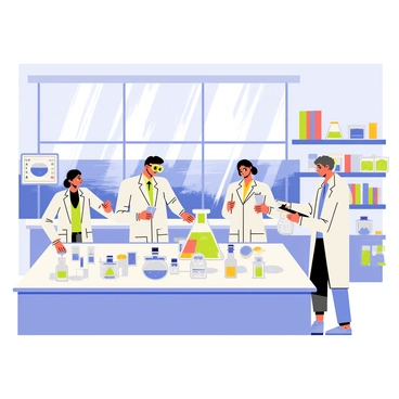 A coastal laboratory with large windows overlooking the ocean. Inside, a group of scientists, wearing white lab coats and safety goggles, are gathered around a central table filled with various glass beakers and petri dishes. One scientist is holding a sample of ocean water in a clear container, while another is taking notes on a clipboard. The walls are lined with shelves filled with scientific equipment and books about marine biology. Sunlight is streaming in through the windows, illuminating the laboratory and creating reflections on the surfaces of the glass containers.